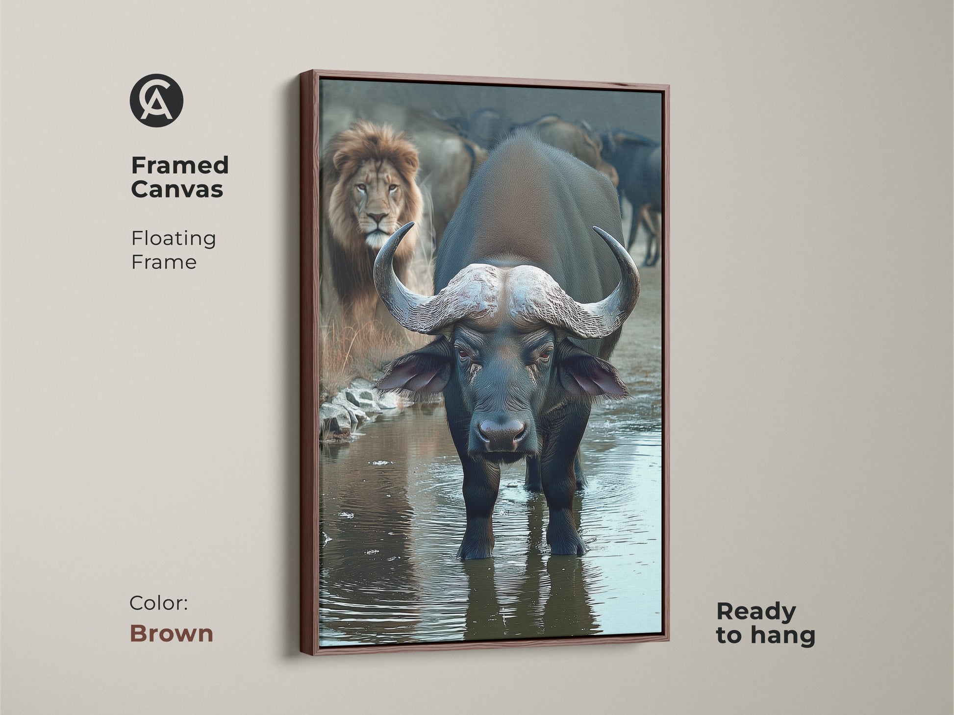 Framed in brown this Buffalo and Lion wall art is an African wildlife canvas print. The safari animals artwork has a photorealistic style. This eclectic home decor is ready to hang. It's a dark blue and brown art piece. It's a great housewarming gift idea.