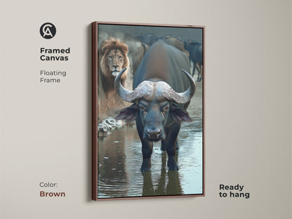 Framed in brown this Buffalo and Lion wall art is an African wildlife canvas print. The safari animals artwork has a photorealistic style. This eclectic home decor is ready to hang. It's a dark blue and brown art piece. It's a great housewarming gift idea.