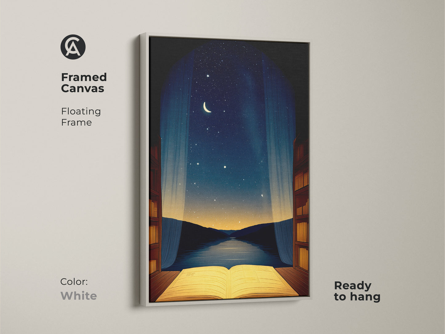 White framed canvas displaying an open book under a night sky. It is a unique wall hanging for a bedroom. The moon and stars wall art brings a dreamlike quality to your home. Perfect for literary-inspired art this canvas is ready to hang.