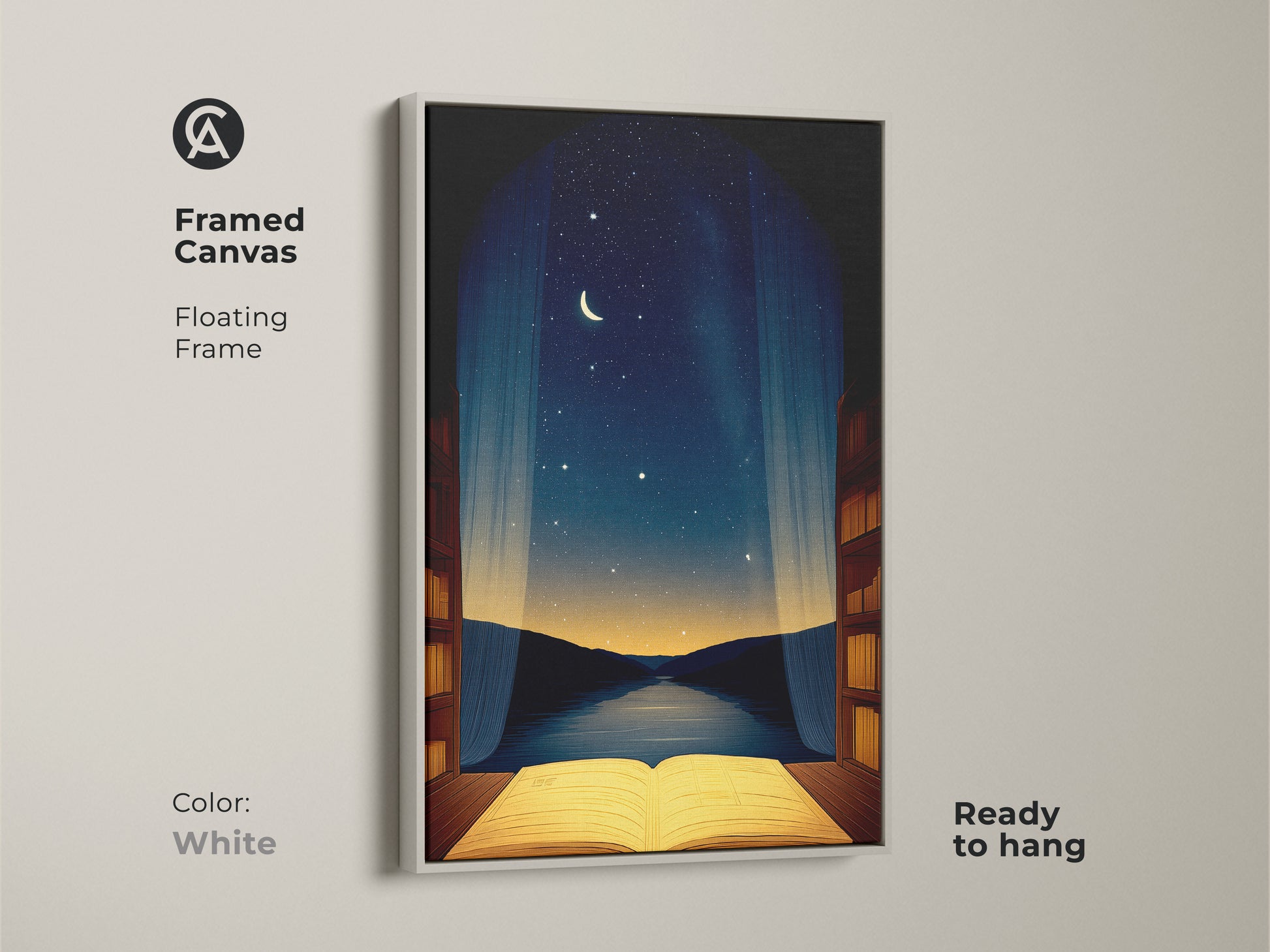 White framed canvas displaying an open book under a night sky. It is a unique wall hanging for a bedroom. The moon and stars wall art brings a dreamlike quality to your home. Perfect for literary-inspired art this canvas is ready to hang.
