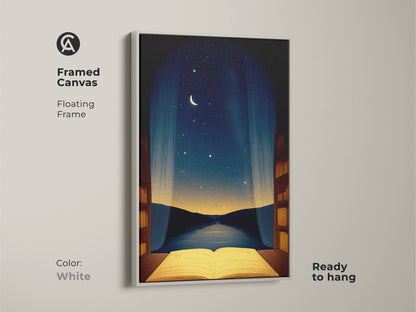 White framed canvas displaying an open book under a night sky. It is a unique wall hanging for a bedroom. The moon and stars wall art brings a dreamlike quality to your home. Perfect for literary-inspired art this canvas is ready to hang.