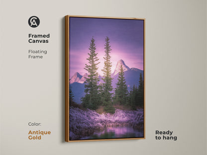 Antique gold framed canvas featuring a mountain landscape. Photorealistic mountain art with pine trees. Violet and green tones for a calming effect. Ideal for modern outdoor wall art.