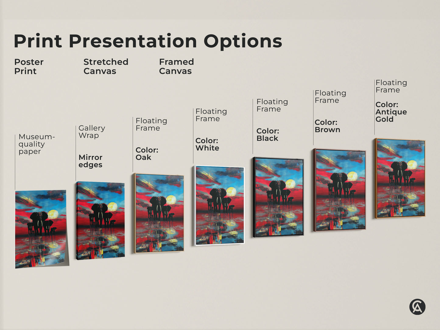 This image shows multiple print presentation options. Poster print. Stretched canvas. Framed canvas. Floating frames are Black Brown Oak White and Antique Gold. Each has abstract elephants at sunset. All wildlife art.