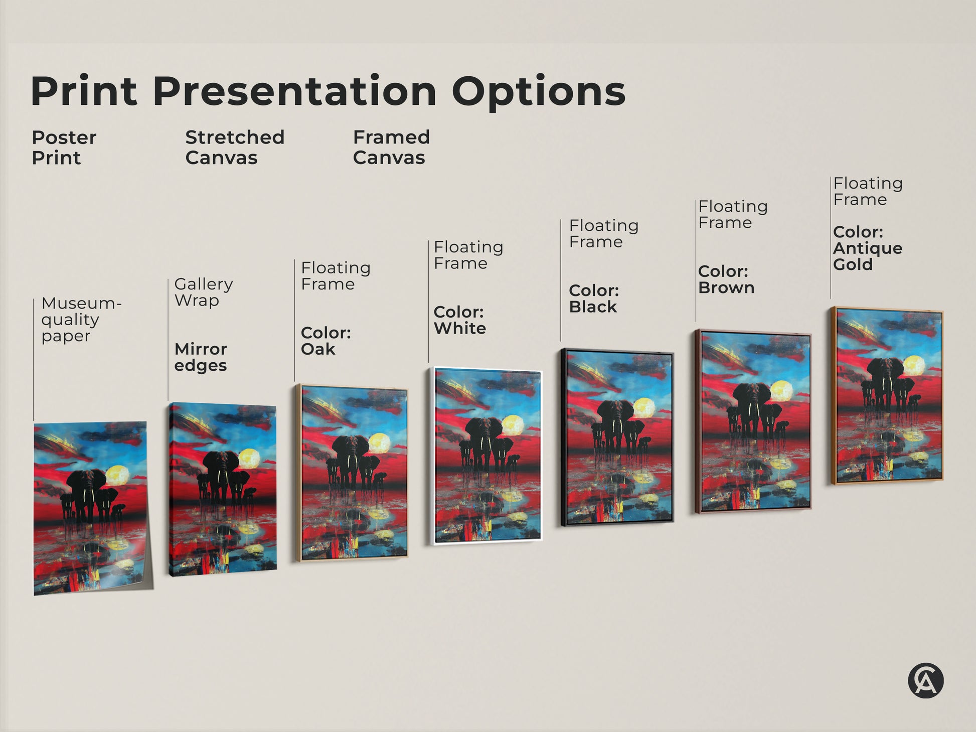 This image shows multiple print presentation options. Poster print. Stretched canvas. Framed canvas. Floating frames are Black Brown Oak White and Antique Gold. Each has abstract elephants at sunset. All wildlife art.