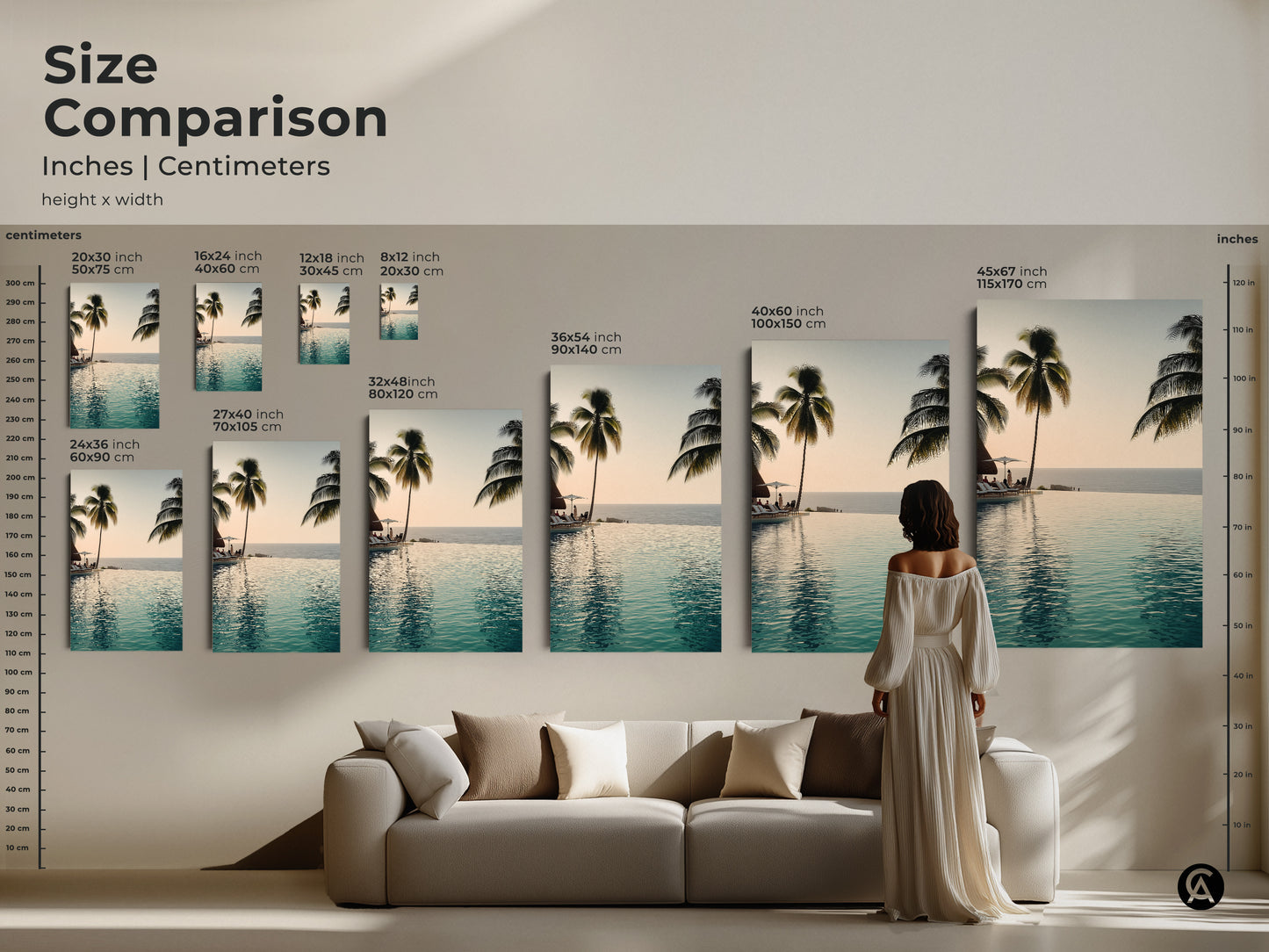 Compare sizes with this size comparison chart in inches and centimeters. Find the perfect fit for your space. Choose from a range of sizes to create a stunning wall art display.