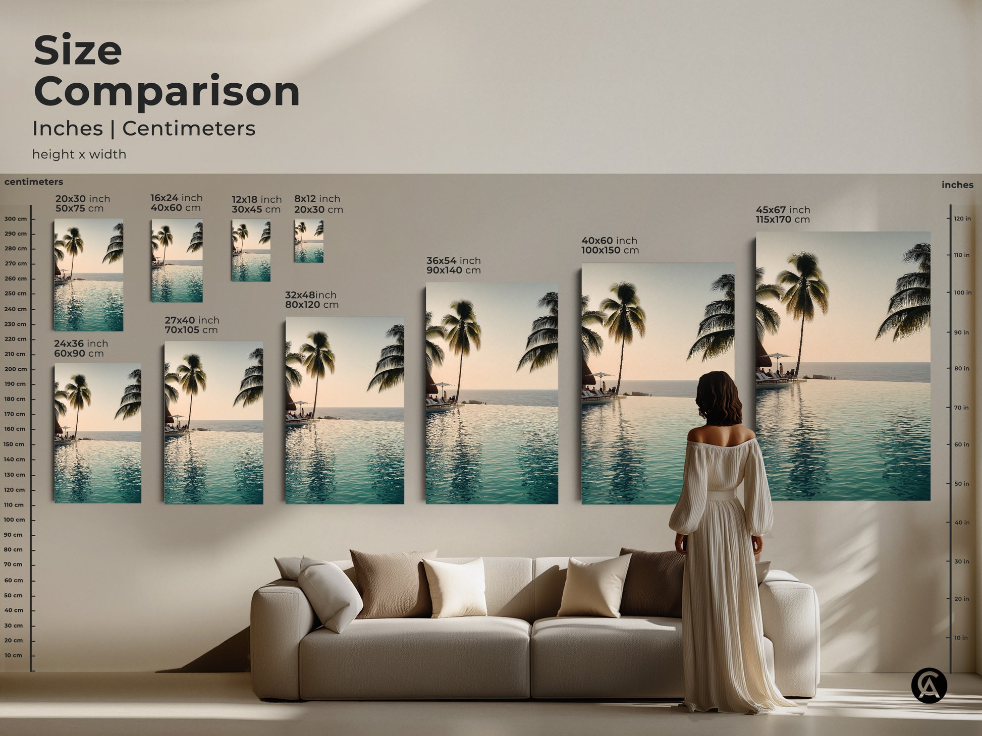Compare sizes with this size comparison chart in inches and centimeters. Find the perfect fit for your space. Choose from a range of sizes to create a stunning wall art display.