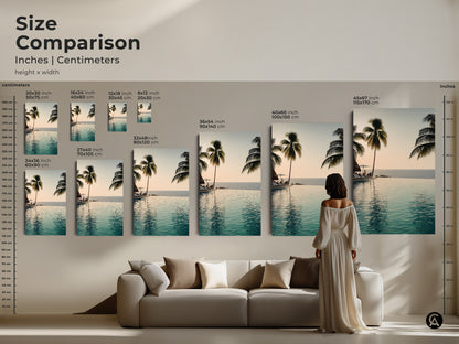 Compare sizes with this size comparison chart in inches and centimeters. Find the perfect fit for your space. Choose from a range of sizes to create a stunning wall art display.