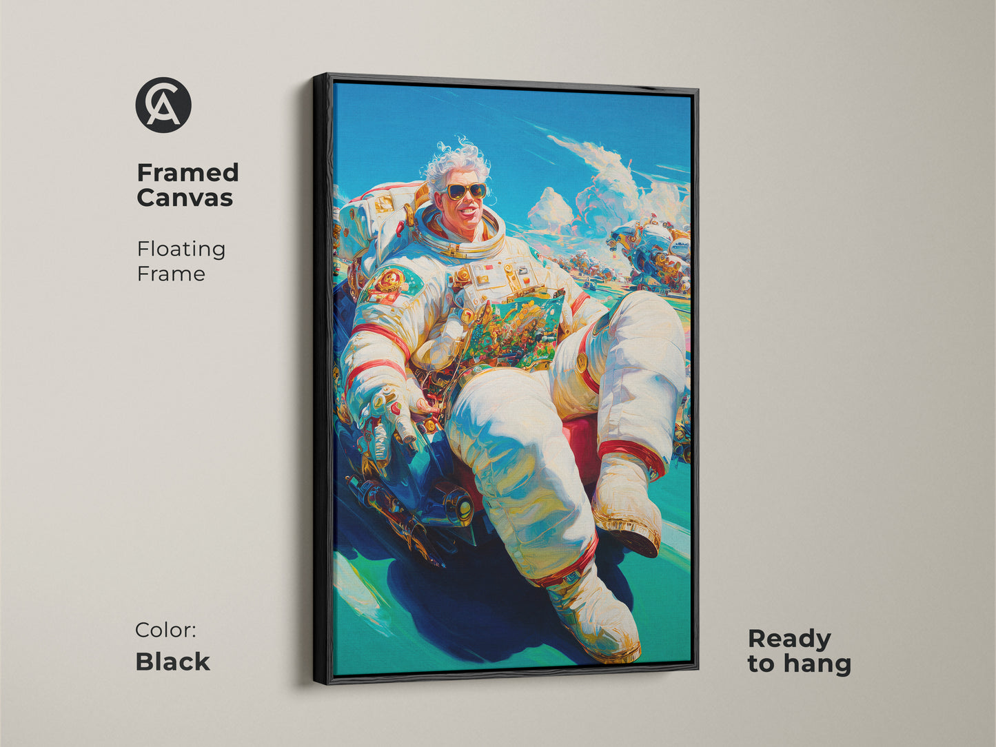A framed canvas artwork with a black floating frame. It displays an astronaut lounging in a futuristic vehicle. The art is ready to hang. This piece adds a contemporary touch to any living space or office.