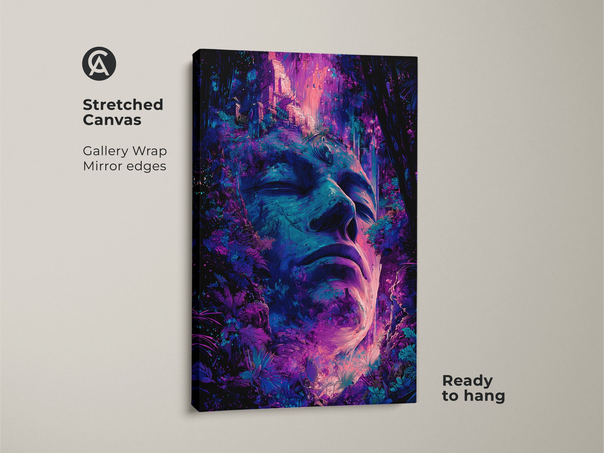 A gallery wrapped canvas print featuring a tranquil face art piece. The artwork combines natural elements with a surreal aesthetic. The canvas is stretched and ready to hang. Mirror edges create a seamless gallery look. This unique art enhances your home decor.