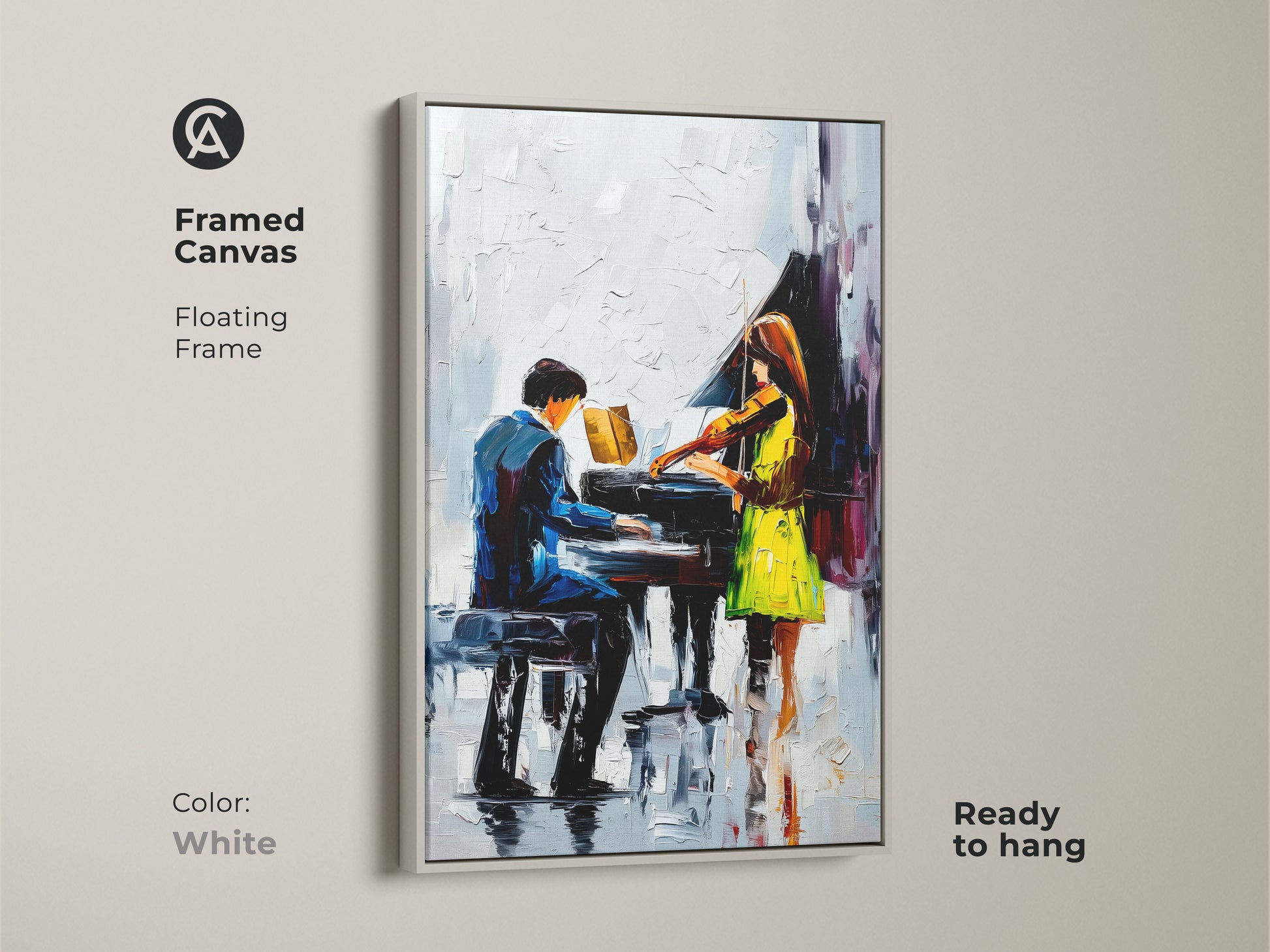 Framed Canvas with white floating frame displays impressionist piano artwork of a violinist. This blue green music art features contemporary figures. It's ready to hang. This is a perfect gift for music lovers who want modern musical artwork. The abstract musical painting is performance art.