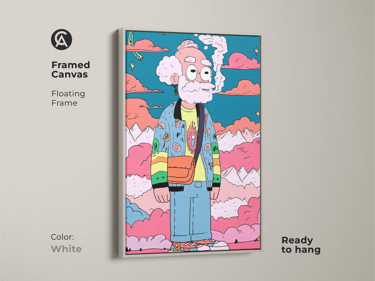 This framed canvas artwork features a cartoon character smoking. The floating frame in white offers a clean modern look. Ready to hang this piece complements various interior styles. It adds a fresh artistic element to your decor.