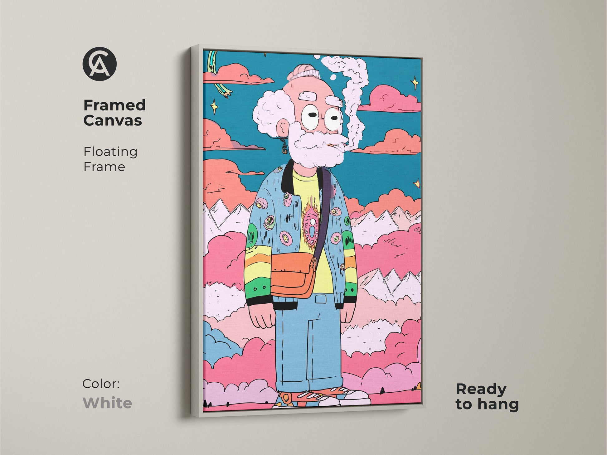 This framed canvas artwork features a cartoon character smoking. The floating frame in white offers a clean modern look. Ready to hang this piece complements various interior styles. It adds a fresh artistic element to your decor.