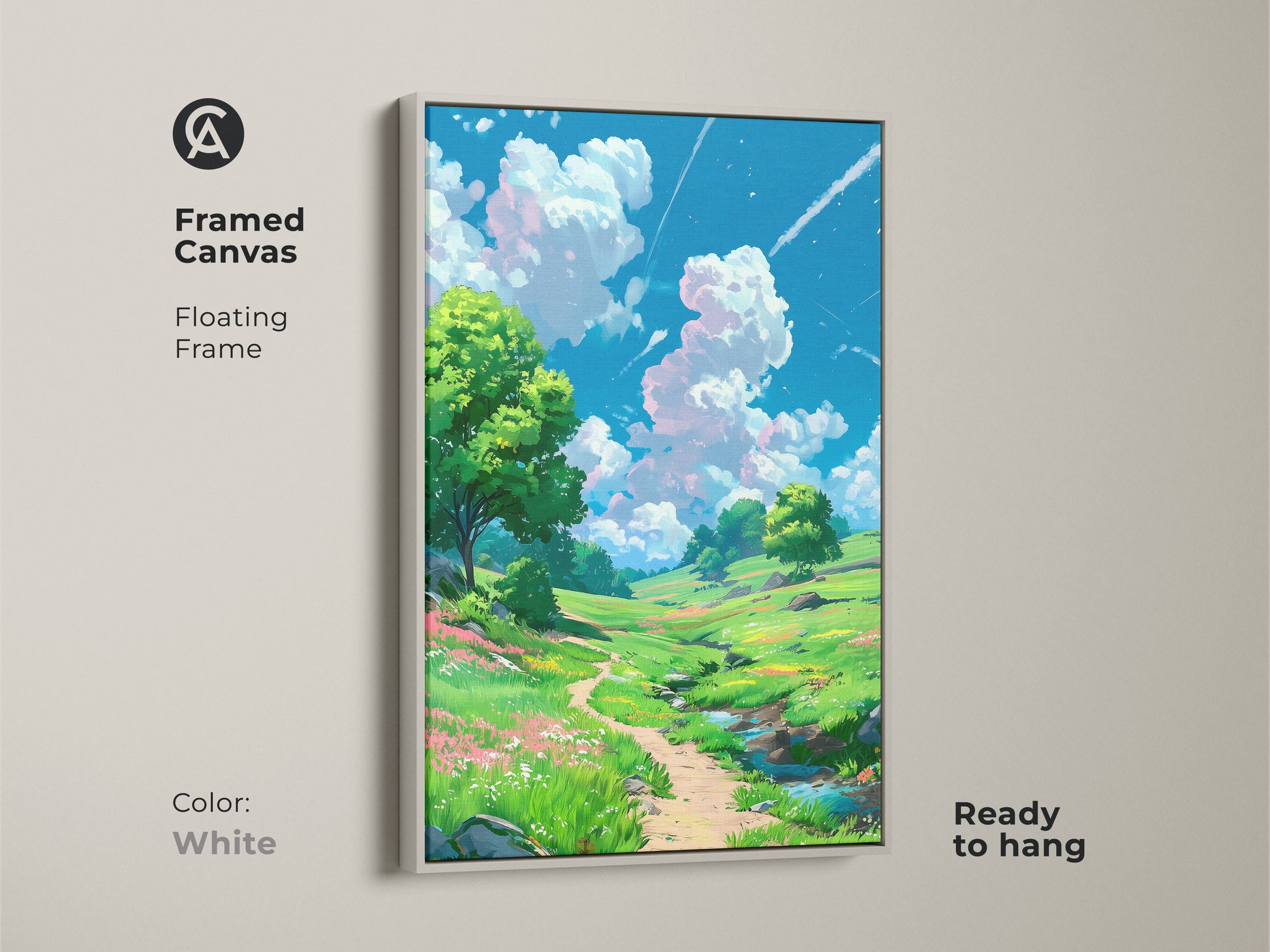 Framed canvas art presenting a peaceful landscape painting with a clean white frame. The bright colors and detailed artwork bring the tranquility of nature indoors. This ready to hang artwork complements any interior style.
