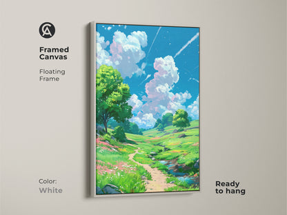 Framed canvas art presenting a peaceful landscape painting with a clean white frame. The bright colors and detailed artwork bring the tranquility of nature indoors. This ready to hang artwork complements any interior style.