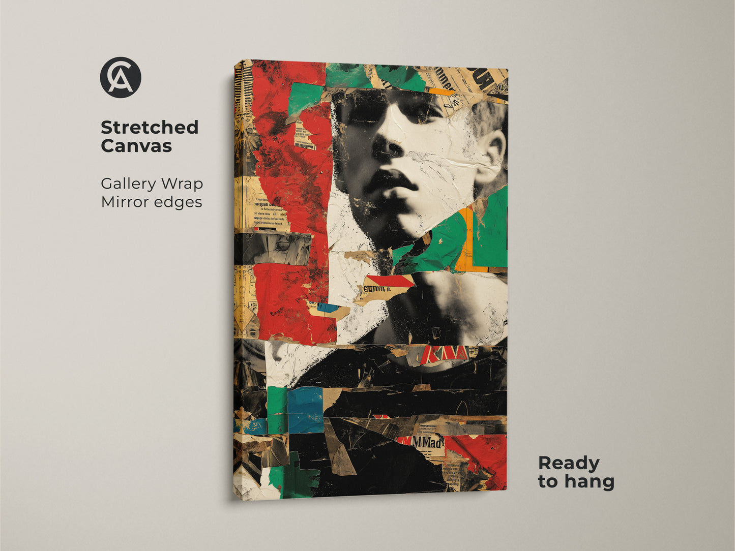 Stretched canvas of an urban collage wall art. This eclectic newspaper artwork features a distressed man portrait. Red green and black abstract art for an entryway wall hanging.