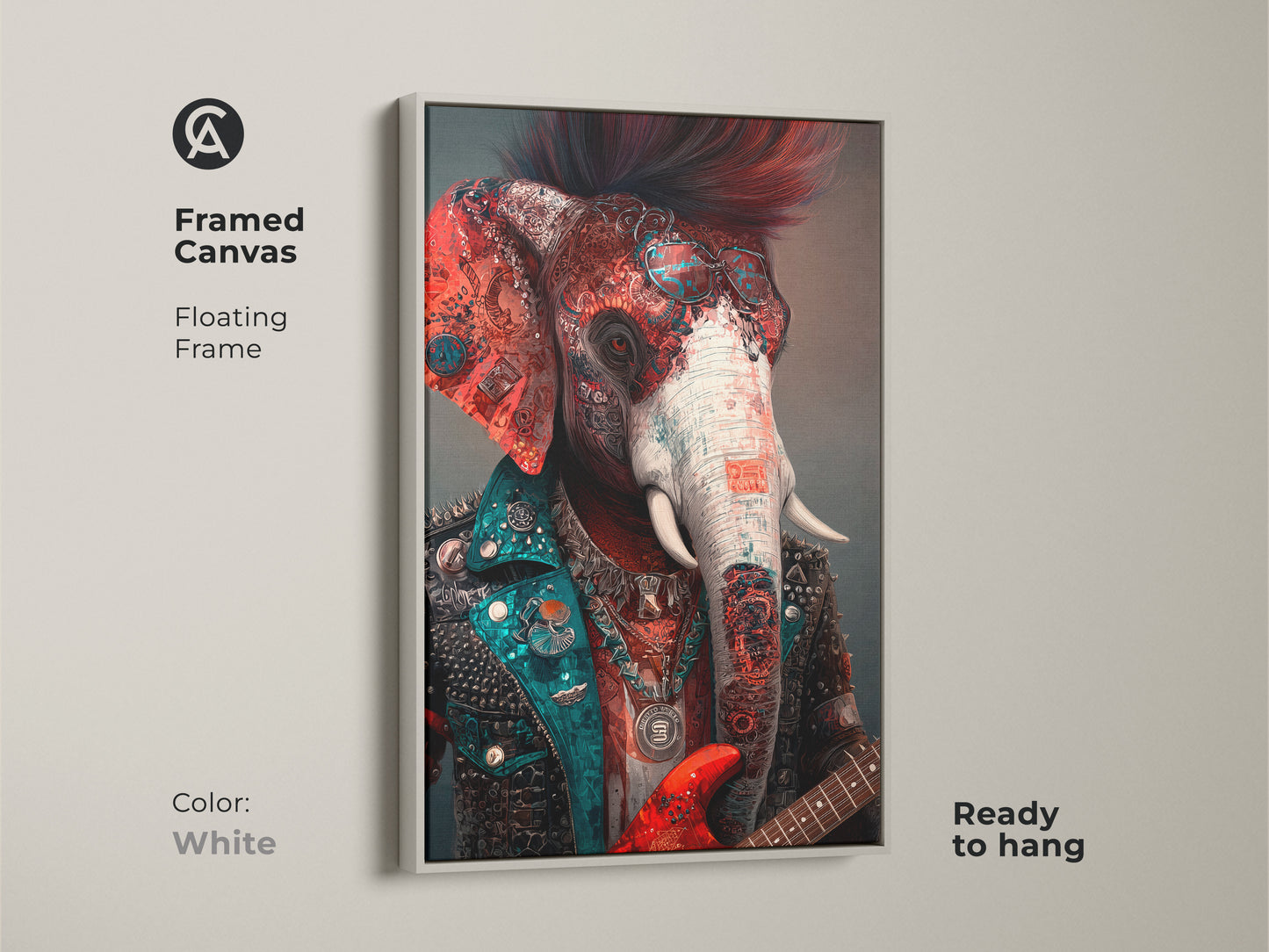 A white framed canvas print displays a surreal elephant with a guitar. This punk rock artwork offers an eclectic and animal-inspired vibe. This red orange and teal art is ready to hang.