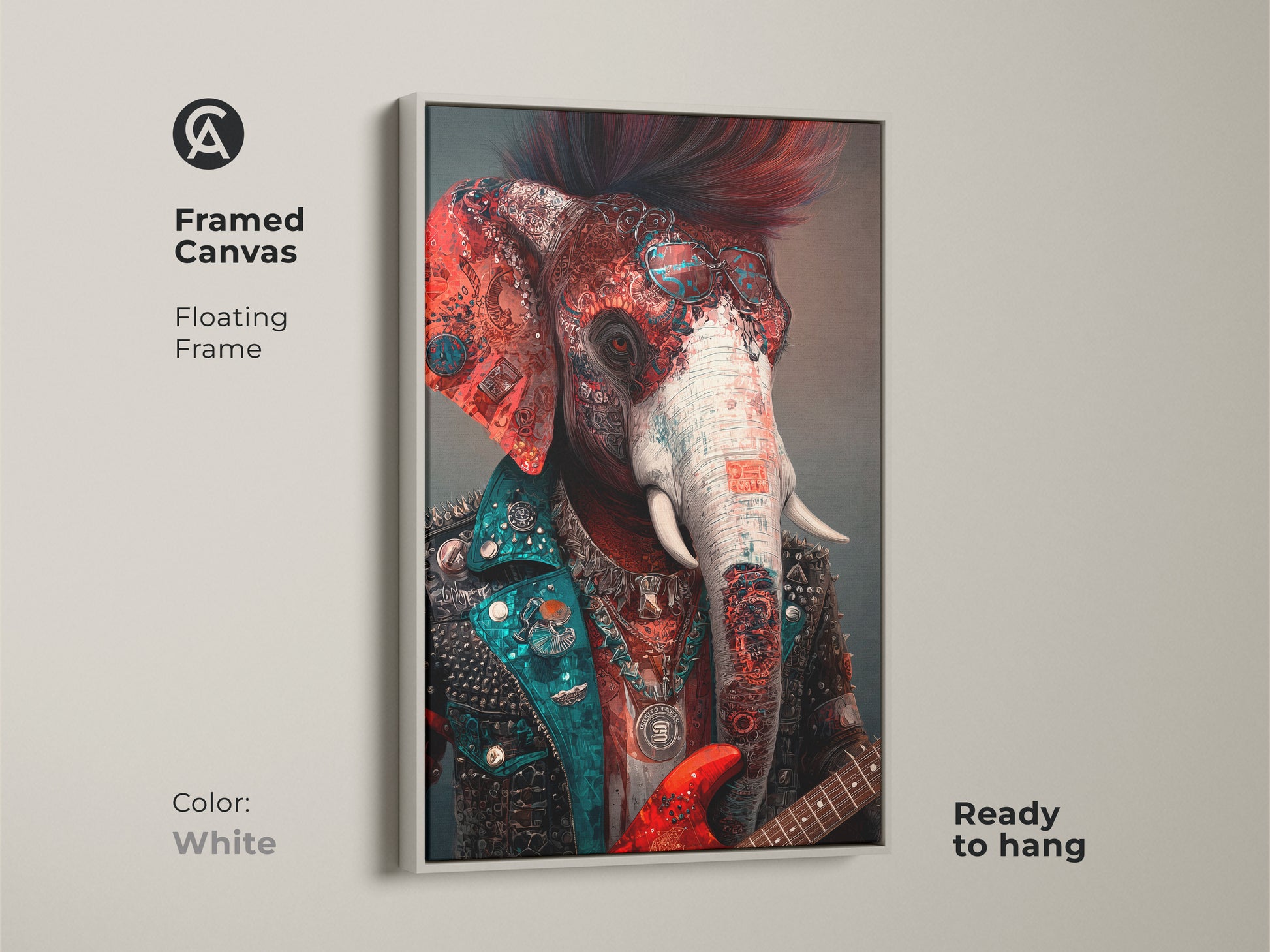 A white framed canvas print displays a surreal elephant with a guitar. This punk rock artwork offers an eclectic and animal-inspired vibe. This red orange and teal art is ready to hang.