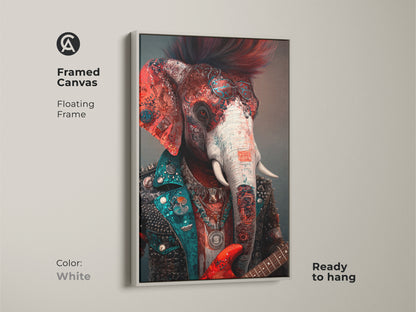 A white framed canvas print displays a surreal elephant with a guitar. This punk rock artwork offers an eclectic and animal-inspired vibe. This red orange and teal art is ready to hang.