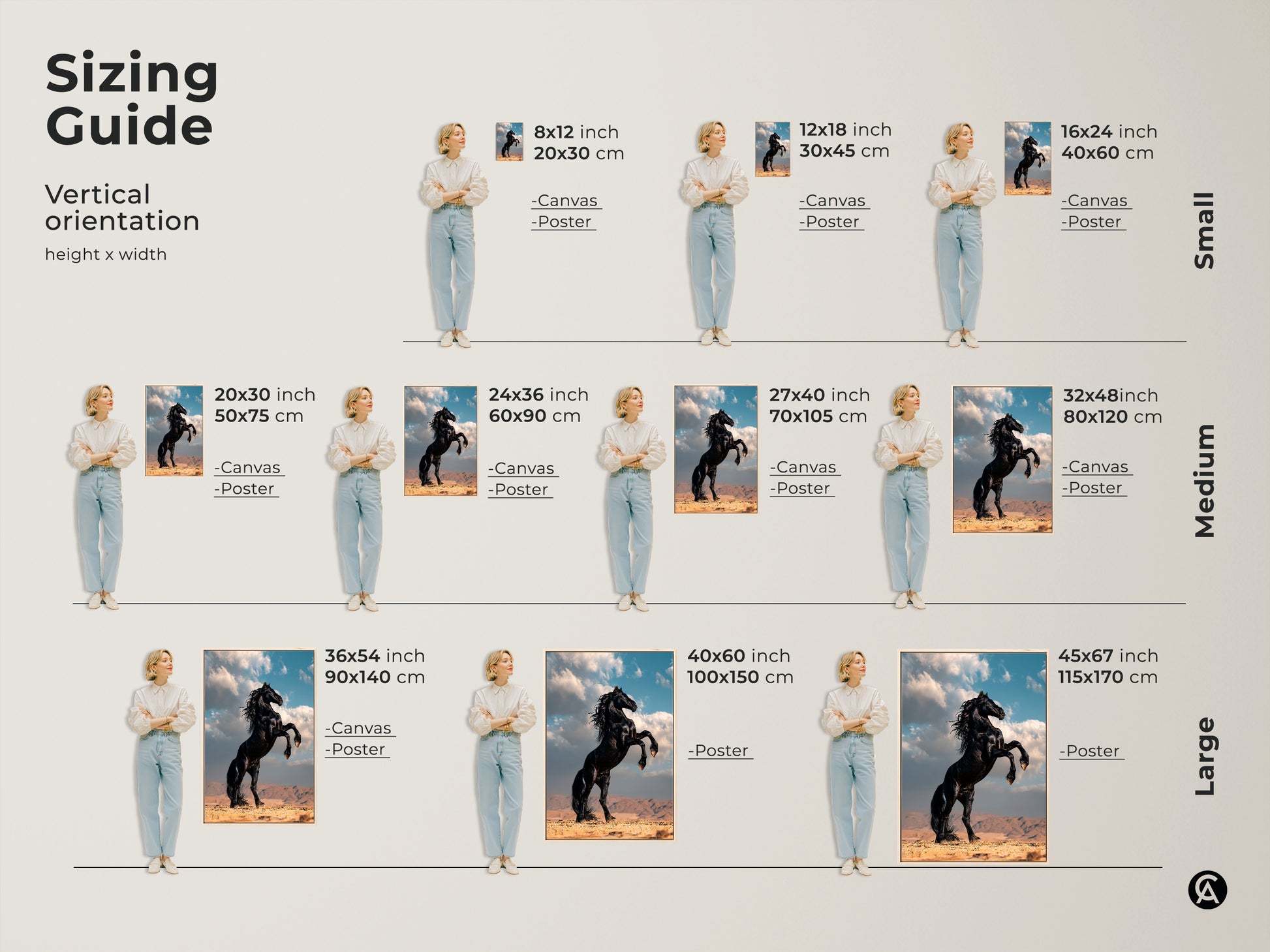 Sizing guide for black horse art print. Visualize the art in different sizes. Find the perfect fit for your space. Select from canvas or poster options for your equestrian decor.