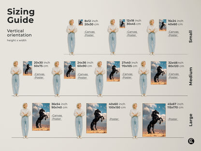 Sizing guide for black horse art print. Visualize the art in different sizes. Find the perfect fit for your space. Select from canvas or poster options for your equestrian decor.