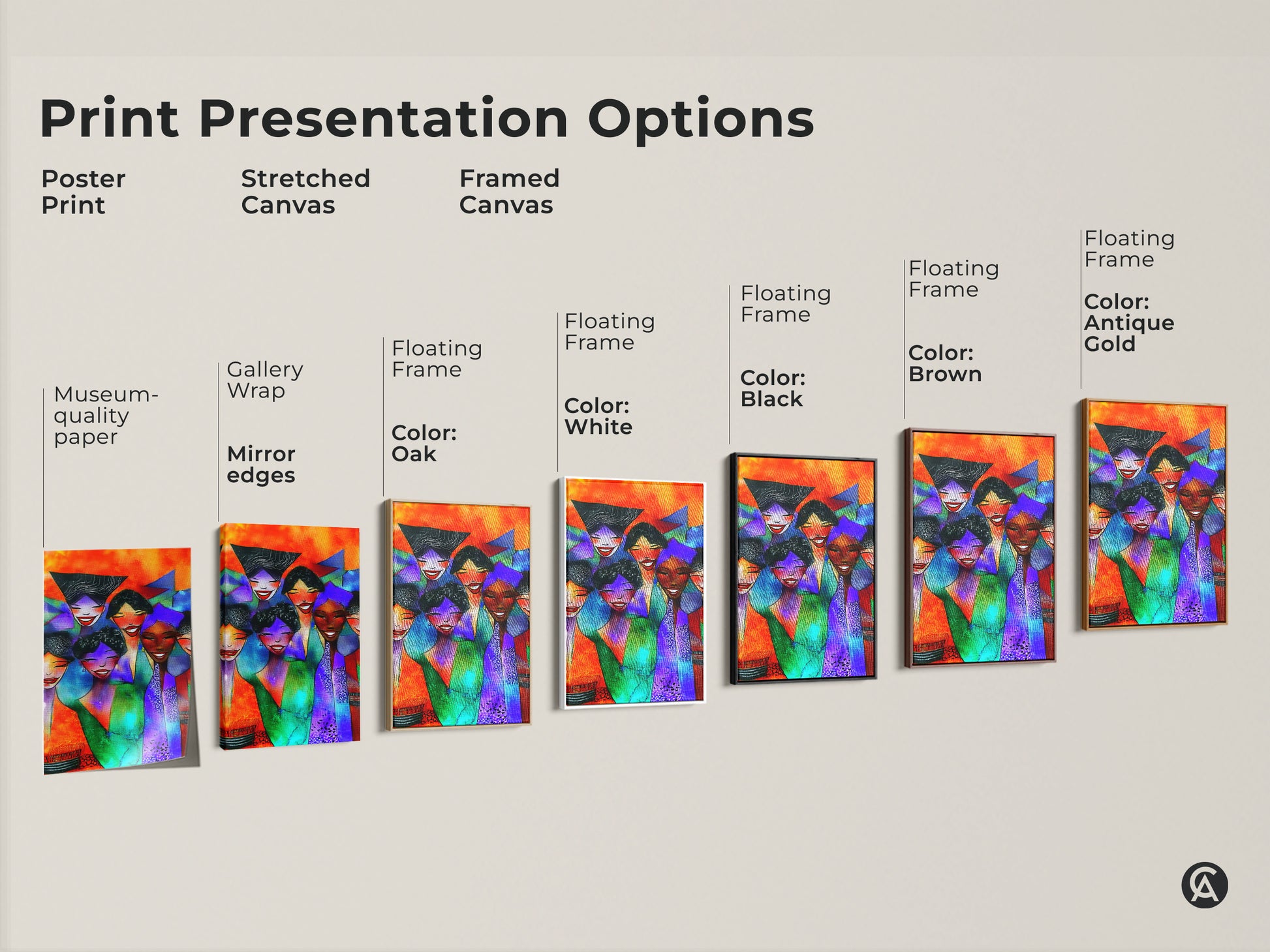 Explore Print Presentation Options. Choose from Poster Print Stretched Canvas or Framed Canvas. Options include museum-quality paper gallery wrap and floating frames in various colors.