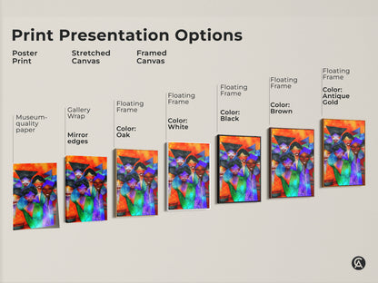 Explore Print Presentation Options. Choose from Poster Print Stretched Canvas or Framed Canvas. Options include museum-quality paper gallery wrap and floating frames in various colors.