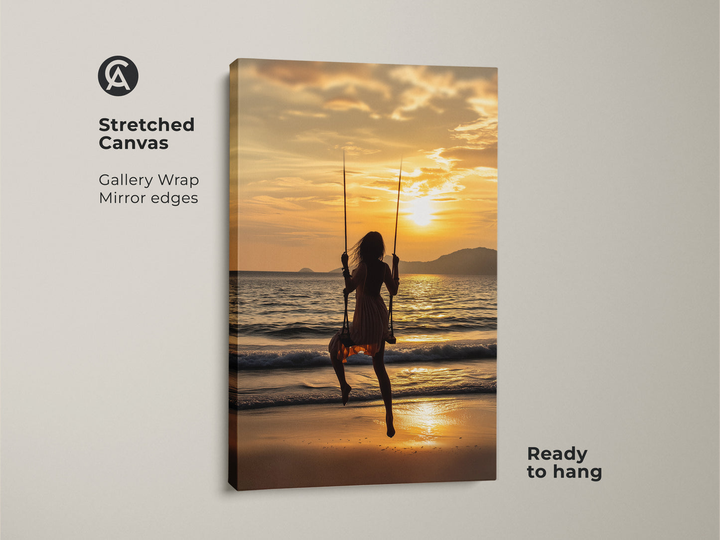 Stretched canvas print of a woman on a swing at the beach during sunset. Golden yellow ocean waves evoke coastal charm. This gallery-wrapped canvas is ready to hang. It makes a great boho coastal bedroom decor or a thoughtful gift for beach lovers. The mirror edges enhance the artwork.