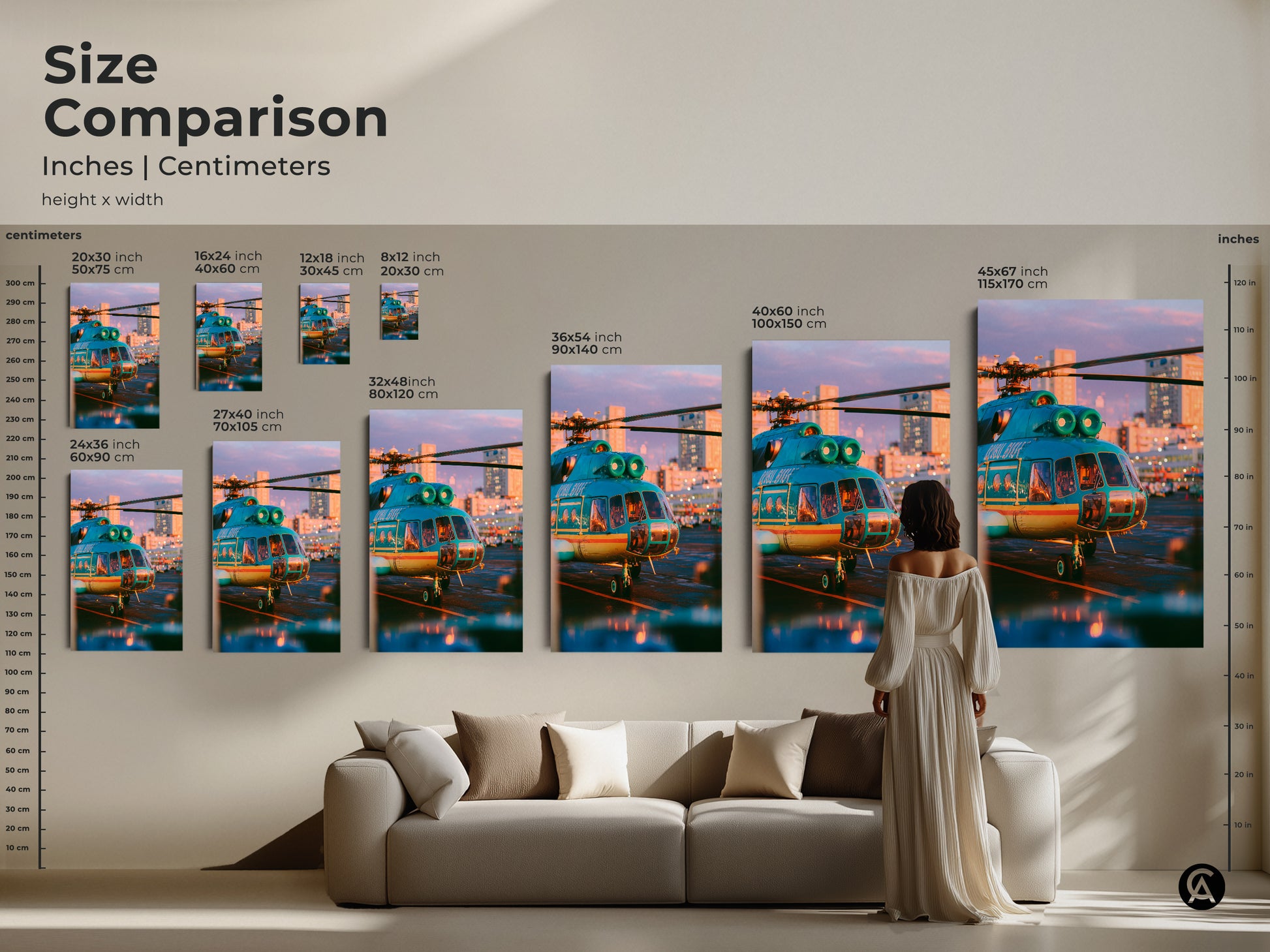 Compare sizes with our size comparison guide. See how the teal helicopter artwork fits in different spaces. From small prints to large canvases we have it all. Get a feel for the scale and impact. Transform your home with our exceptional aviation art. Shop now.