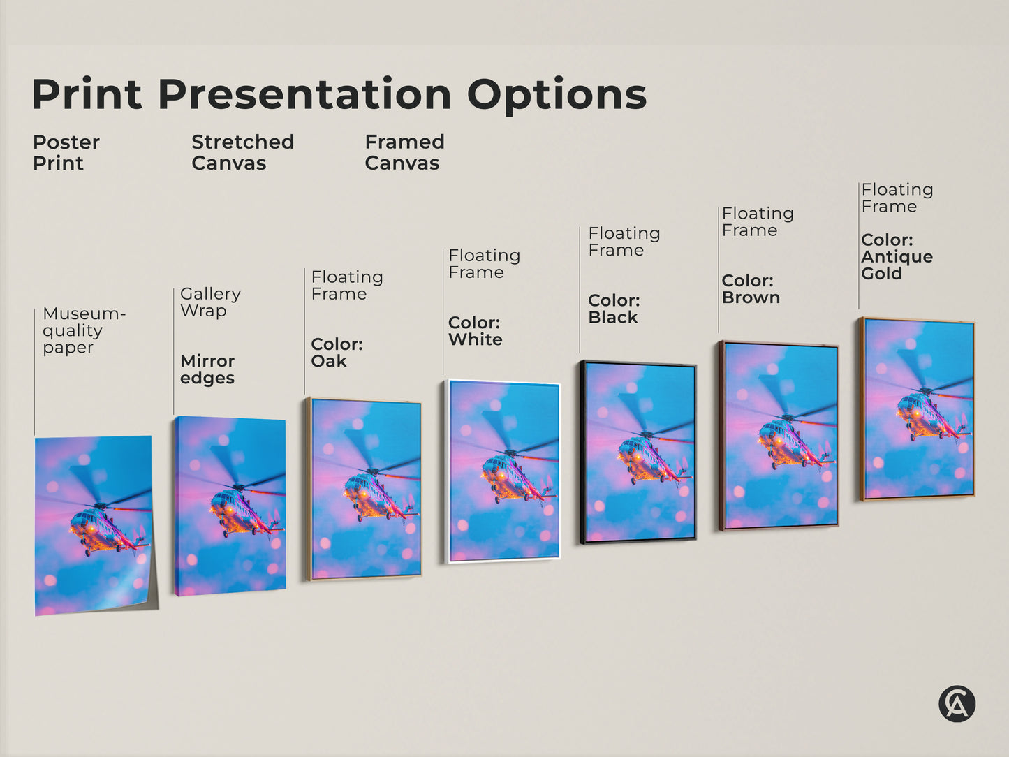 Explore print presentation options for helicopter artwork. Choose from poster prints stretched canvas and framed canvas. Options include gallery wrap mirror edges and floating frames. Available with black brown antique gold and white frames. Find the perfect style for your space.