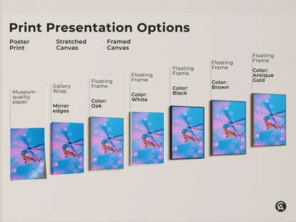 Explore print presentation options for helicopter artwork. Choose from poster prints stretched canvas and framed canvas. Options include gallery wrap mirror edges and floating frames. Available with black brown antique gold and white frames. Find the perfect style for your space.