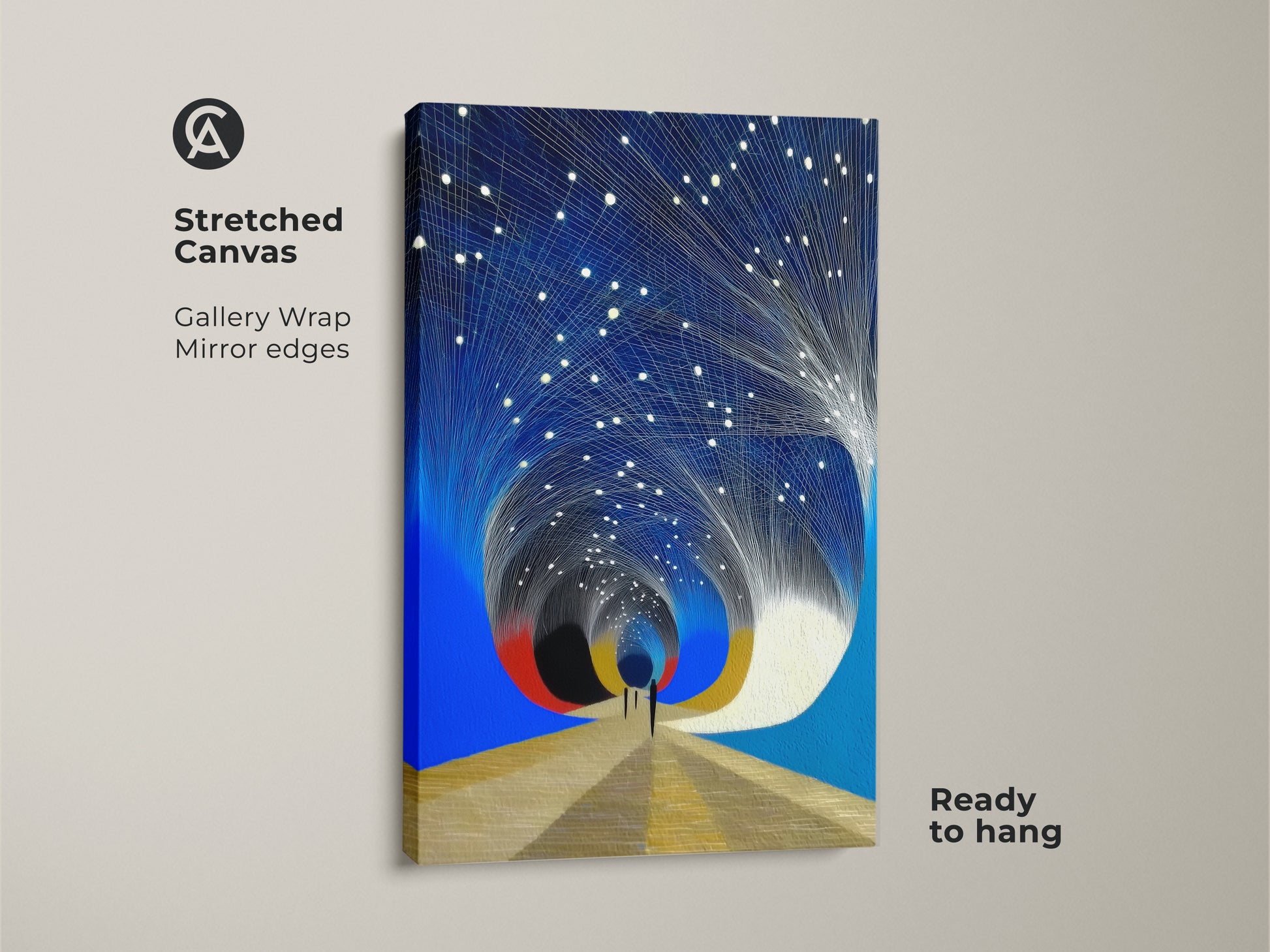 A stretched canvas print of abstract space tunnel art. The blue gold canvas print features geometric star wall art. This surreal modern art is ready to hang and enhances any room's decor.