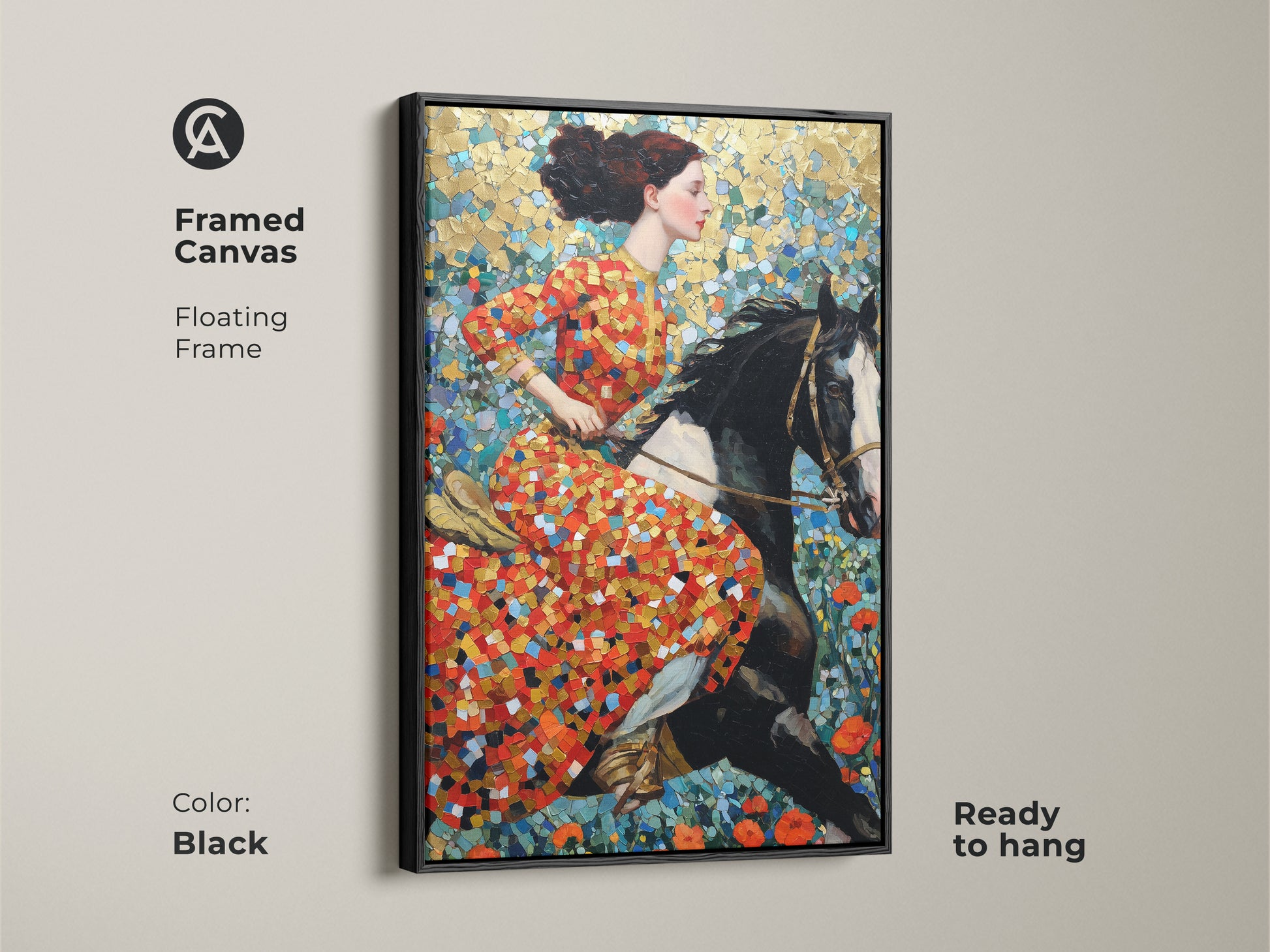 See this framed canvas art of a woman riding a horse. The floating frame is black and enhances the mosaic style artwork. The red gold and teal colors create an eclectic decor piece. Ready to hang this canvas adds a narrative focal point. Ideal for equestrian themed homes.