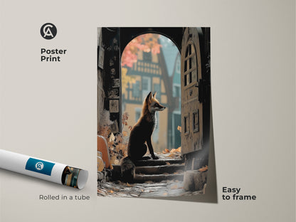 The poster print features a fox sitting at an archway. The woodland animal wall art comes rolled in a tube. It is easy to frame. The eclectic gold & brown decor is great for animal lovers.