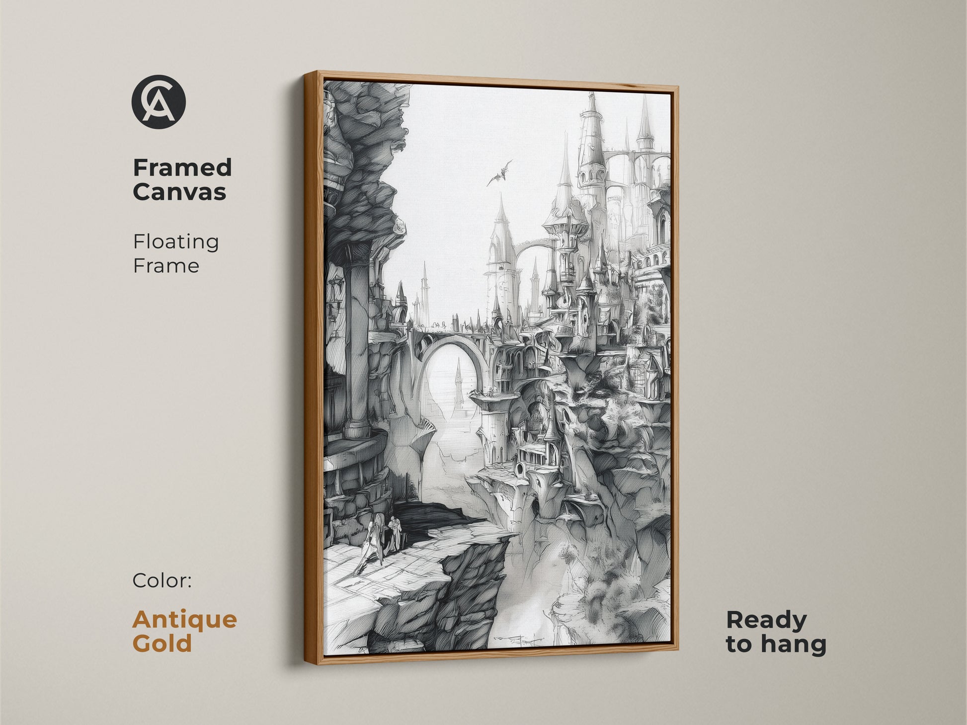 Antique gold framed canvas featuring fantasy city artwork. This floating frame art print comes ready to hang. The black and white art showcases gothic architecture and a dramatic landscape. A stylish addition.