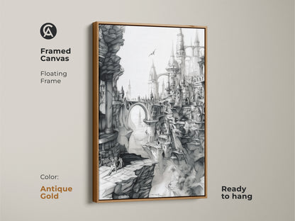 Antique gold framed canvas featuring fantasy city artwork. This floating frame art print comes ready to hang. The black and white art showcases gothic architecture and a dramatic landscape. A stylish addition.