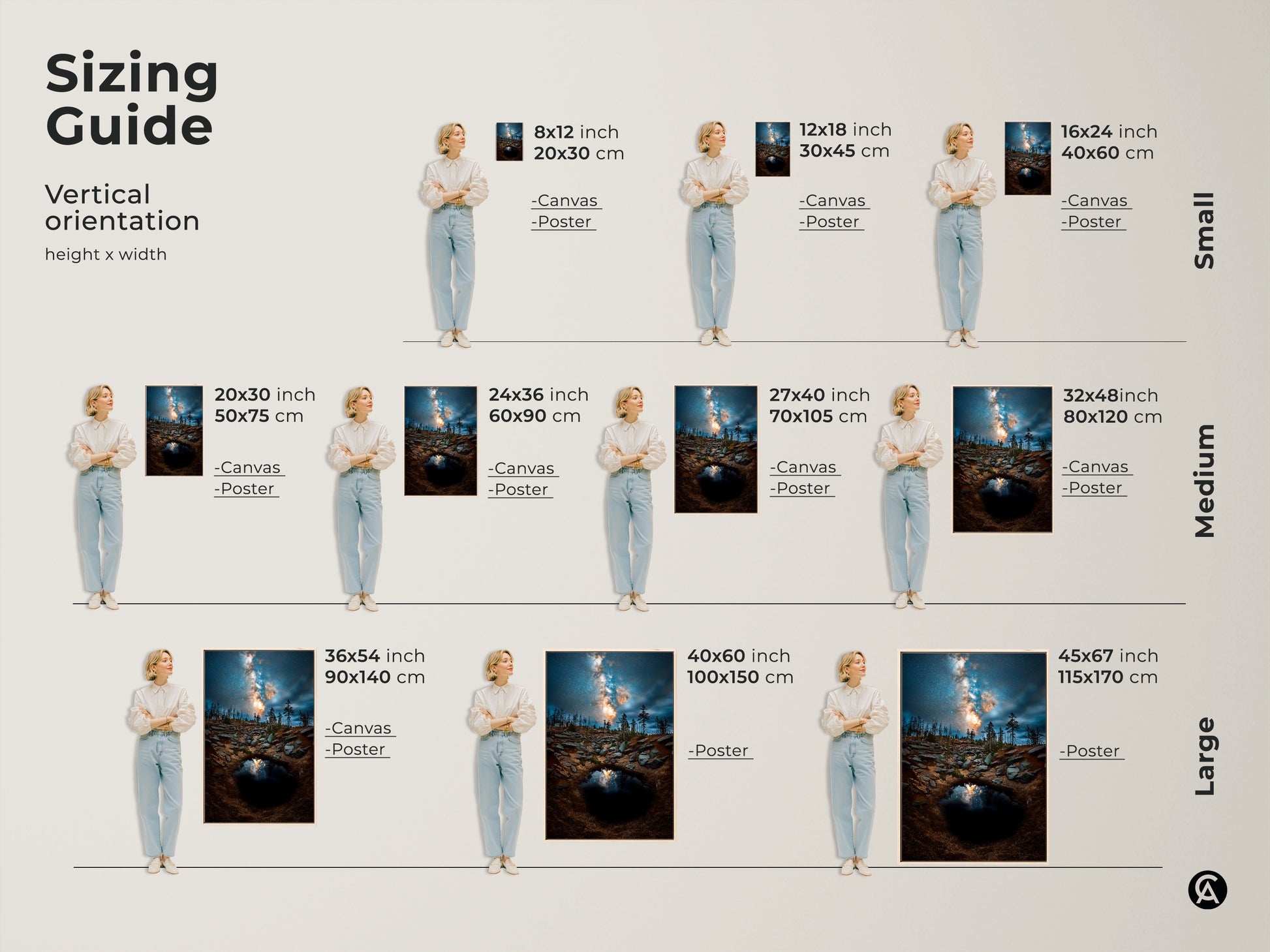 Sizing guide for vertical orientation of space astrophotography canvas. Available in small medium and large sizes. Perfect celestial art for adding cosmic charm to any residential or commercial space.