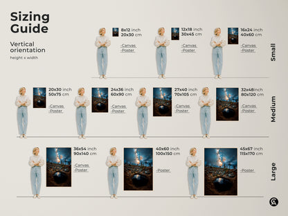 Sizing guide for vertical orientation of space astrophotography canvas. Available in small medium and large sizes. Perfect celestial art for adding cosmic charm to any residential or commercial space.