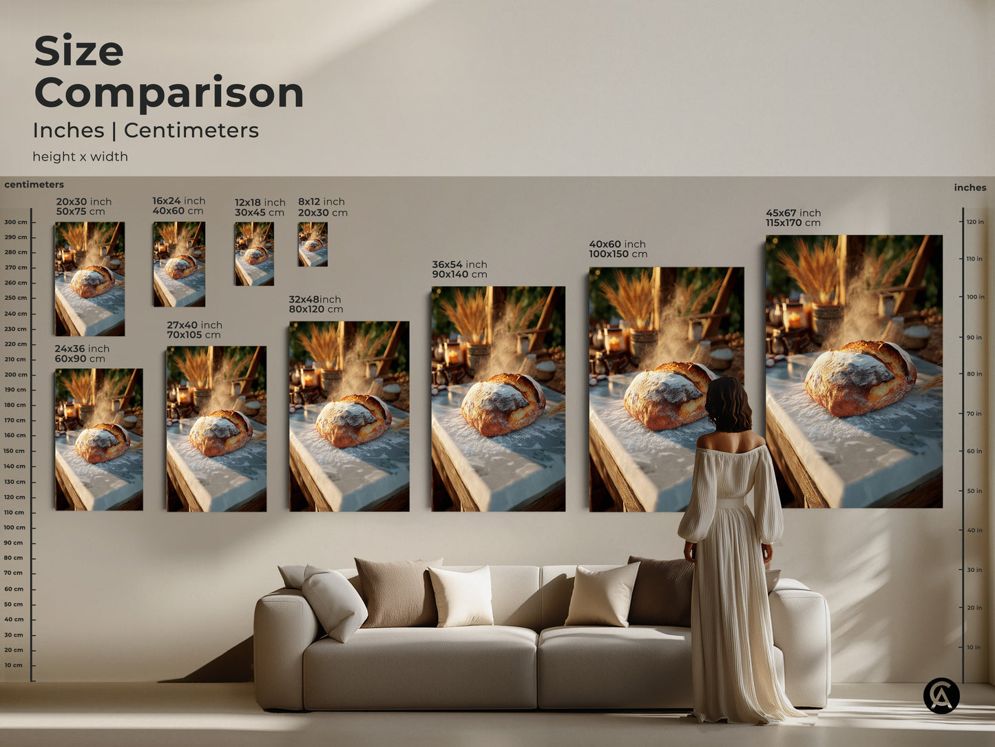 Size comparison of artisan bread art prints in inches and centimeters. See how different sizes fit above a sofa. Envision this golden brown and cream artwork in your home. Choose from various sizes to complement your kitchen or dining room decor. Perfect for baking enthusiasts.