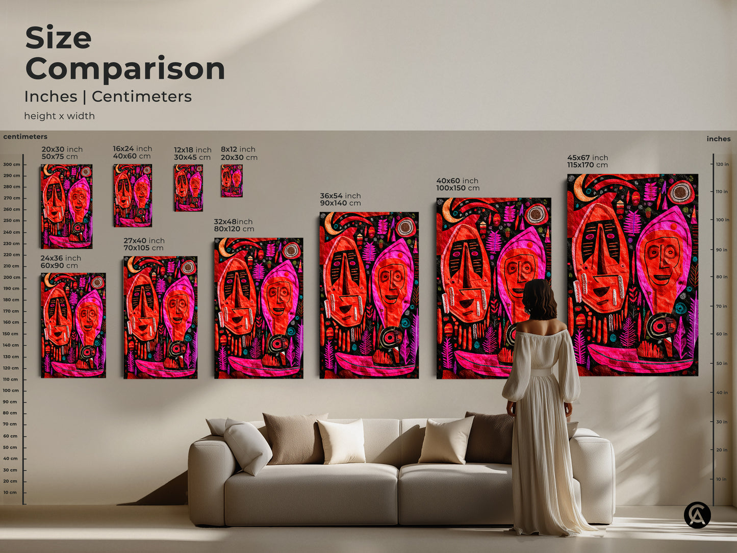 Size comparison of tribal mask art print in various dimensions. See how the abstract art fits above a couch. The folk style faces wall decor adds a colorful touch to this modern home.