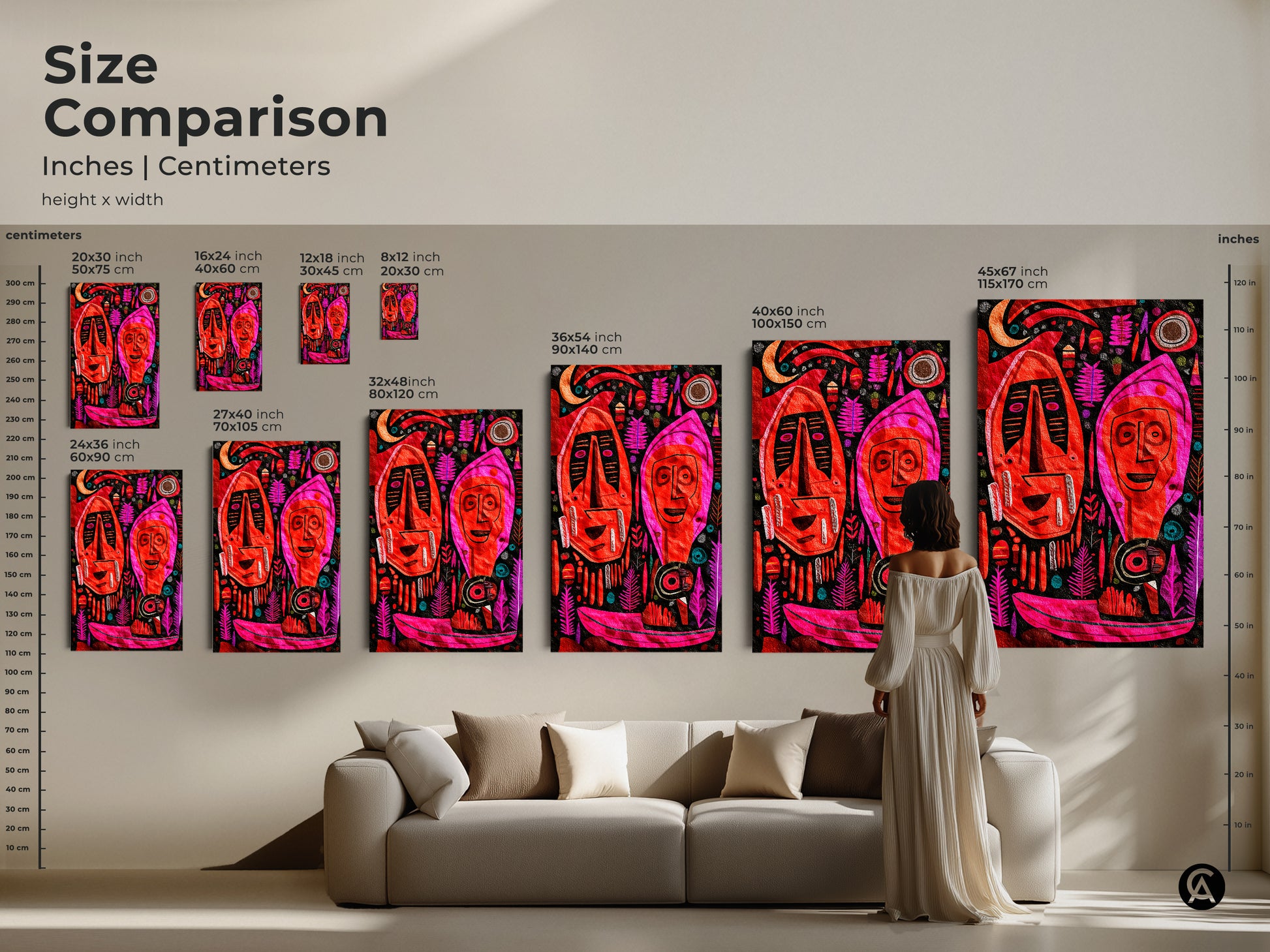 Size comparison of tribal mask art print in various dimensions. See how the abstract art fits above a couch. The folk style faces wall decor adds a colorful touch to this modern home.
