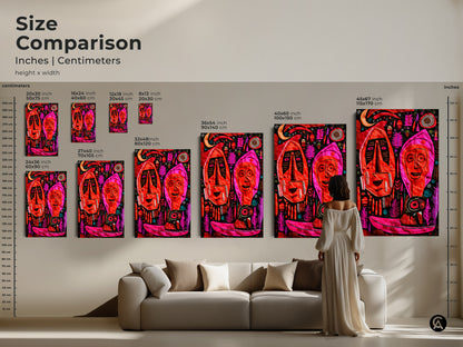 Size comparison of tribal mask art print in various dimensions. See how the abstract art fits above a couch. The folk style faces wall decor adds a colorful touch to this modern home.