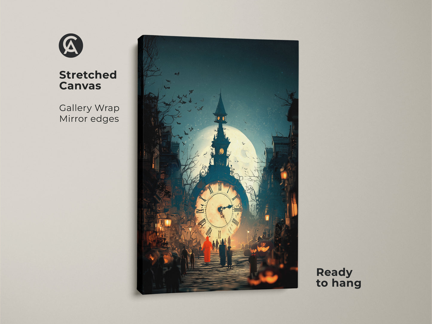 Stretched canvas displaying Gothic Clock Tower art. This halloween moon art print showcases a fantasy art for study room decor. See the dark academia canvas with a surrealism street scene. Ready to hang gothic artwork. A great gothic gift for him.