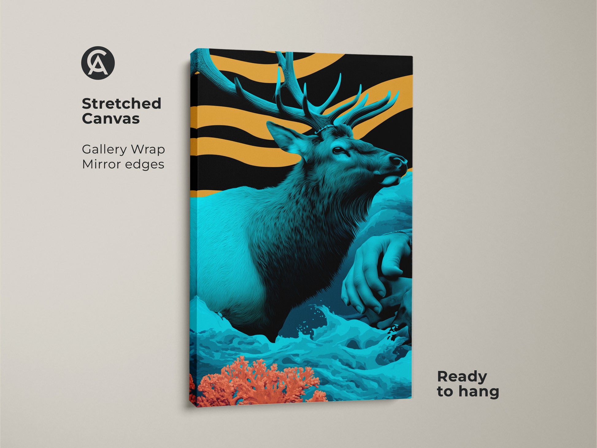 This wildlife animal print features a teal and orange elk on stretched canvas. This gallery wrapped canvas art has mirror edges and is ready to hang. The surreal elk artwork on canvas adds eclectic flair to any office or home. It is a unique piece of wildlife decor.