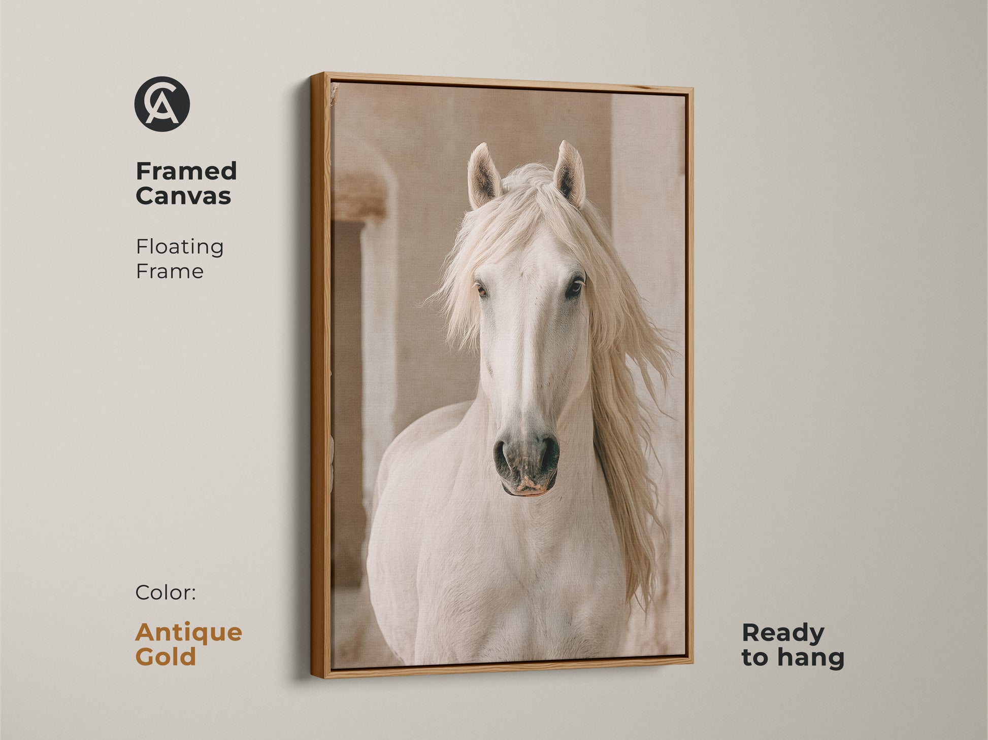 Framed canvas showcasing a photorealistic white horse in an antique gold floating frame. Add countryside charm with this elegant horse artwork. Ready to hang farmhouse animal print.