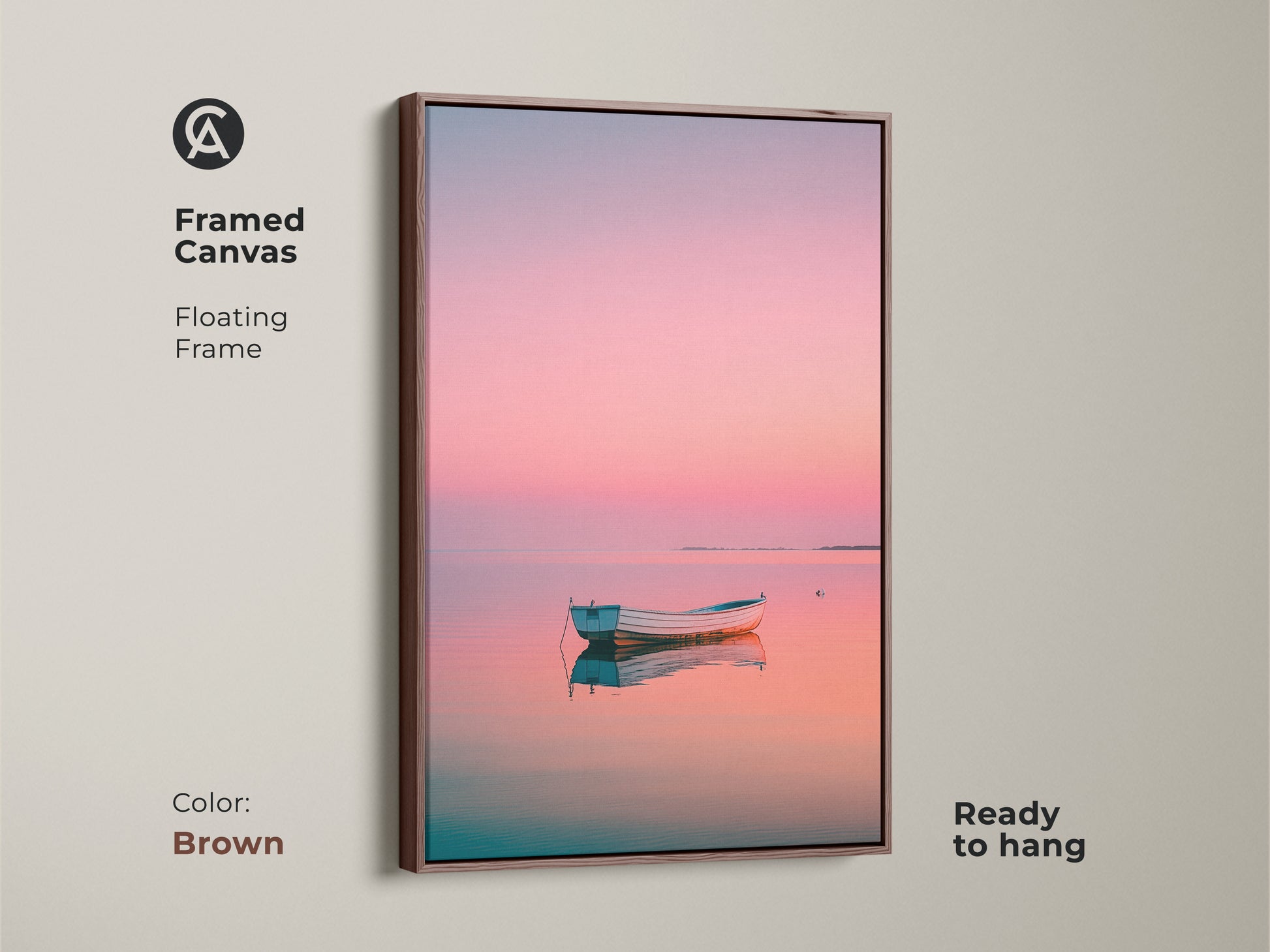 Framed canvas featuring a boat on tranquil water at sunset. The floating frame is brown. Ready to hang. The pastel hues bring serenity. Discover framed canvas art in various colors for your home.