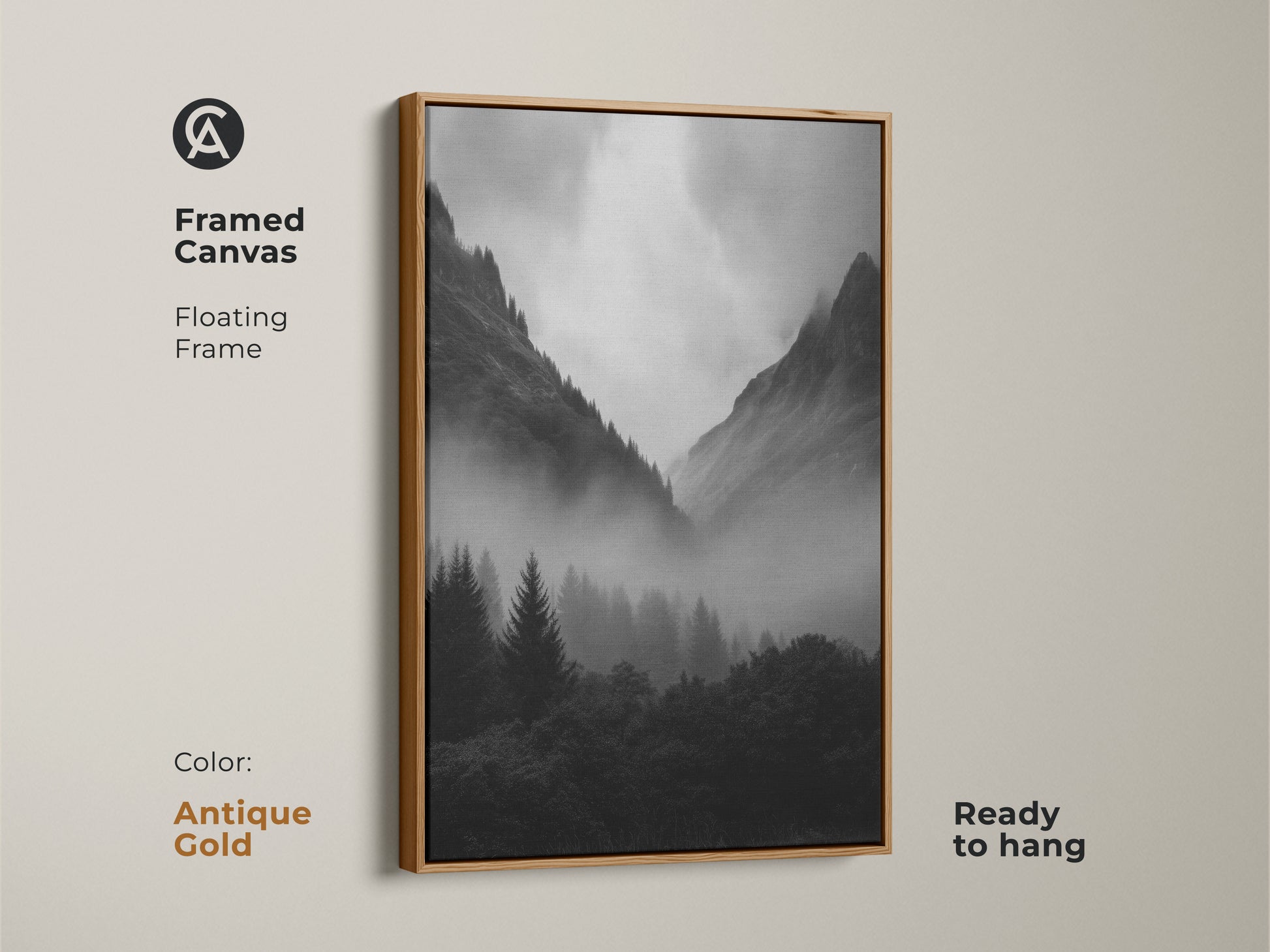Antique gold framed canvas displaying monochrome forest artwork. Black and white mountain landscape print adds modern nature decor. Misty pine trees create an atmospheric mountain view. This serene nature artwork is ready to hang.