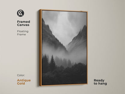 Antique gold framed canvas displaying monochrome forest artwork. Black and white mountain landscape print adds modern nature decor. Misty pine trees create an atmospheric mountain view. This serene nature artwork is ready to hang.