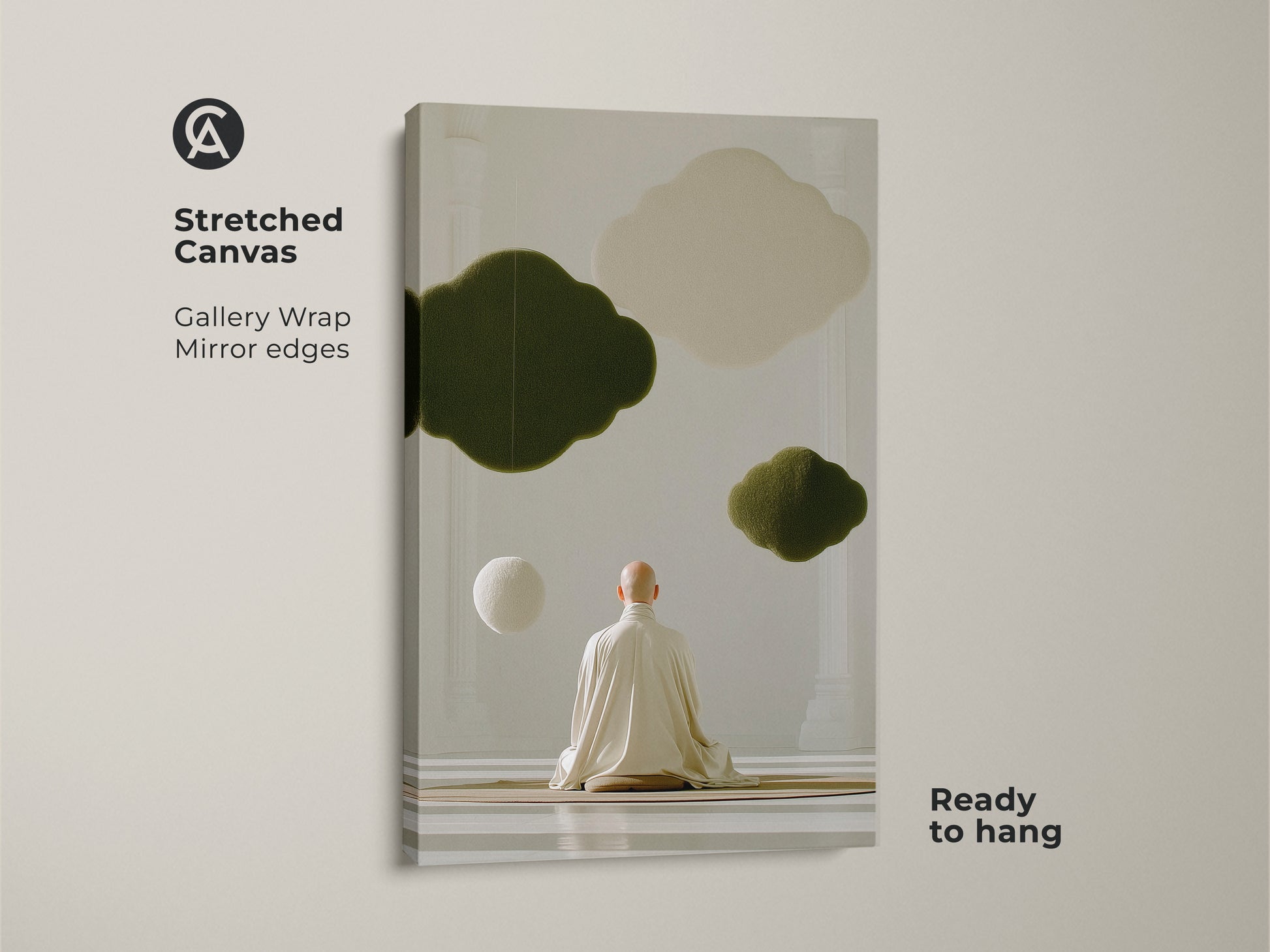 Stretched canvas artwork shows a Zen monk meditating. Olive green and cream abstract clouds float above him. This spiritual art print is gallery wrapped with mirrored edges and ready to hang. A perfect housewarming gift for any mindfulness fan.