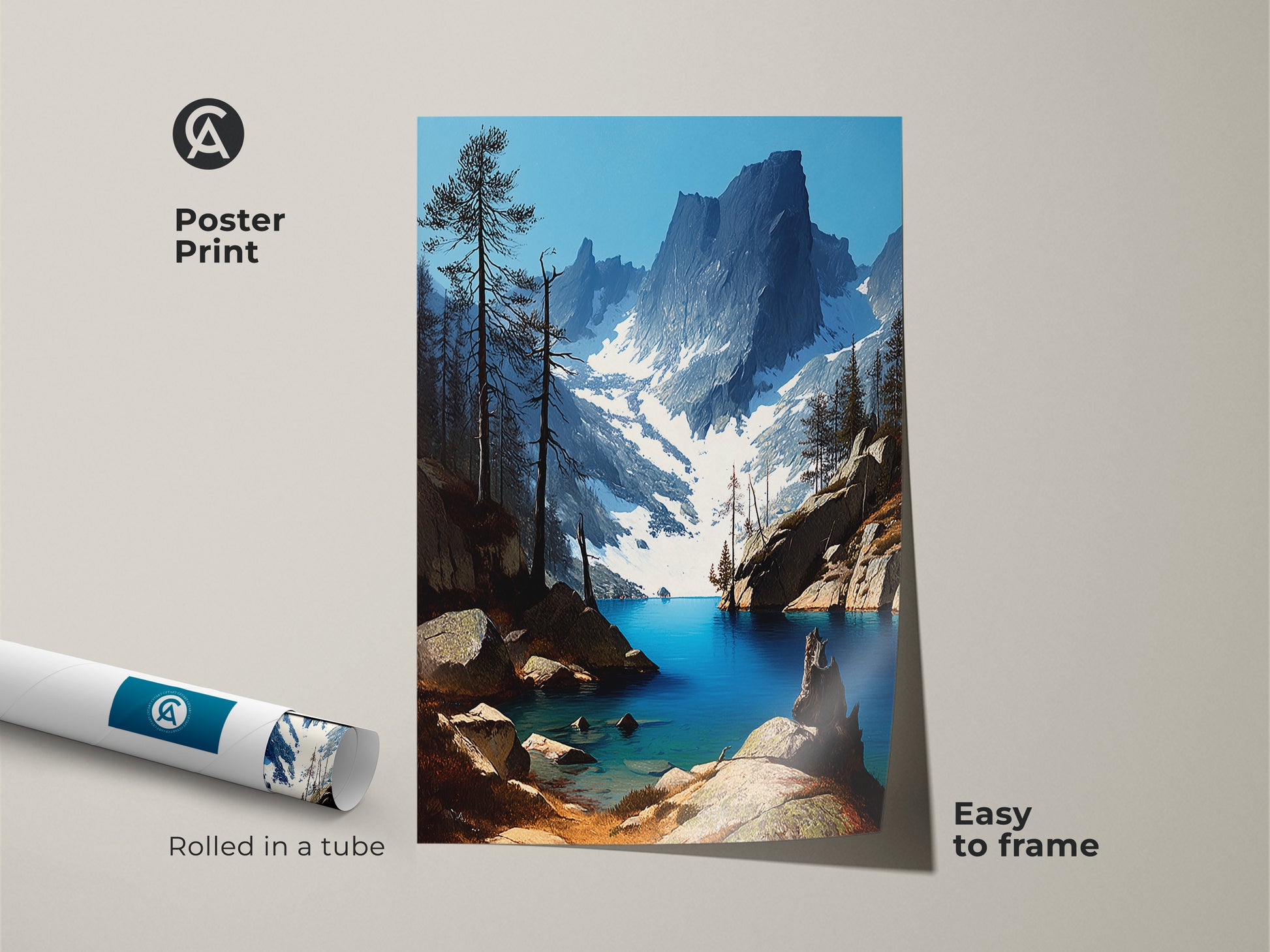 Poster print of a scenic mountain lake landscape. Rolled in a tube for easy framing this artwork features a deep blue pine forest. Bring the tranquility of nature into your space with this realistic nature print. A perfect housewarming gift for nature lovers.