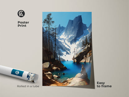 Poster print of a scenic mountain lake landscape. Rolled in a tube for easy framing this artwork features a deep blue pine forest. Bring the tranquility of nature into your space with this realistic nature print. A perfect housewarming gift for nature lovers.